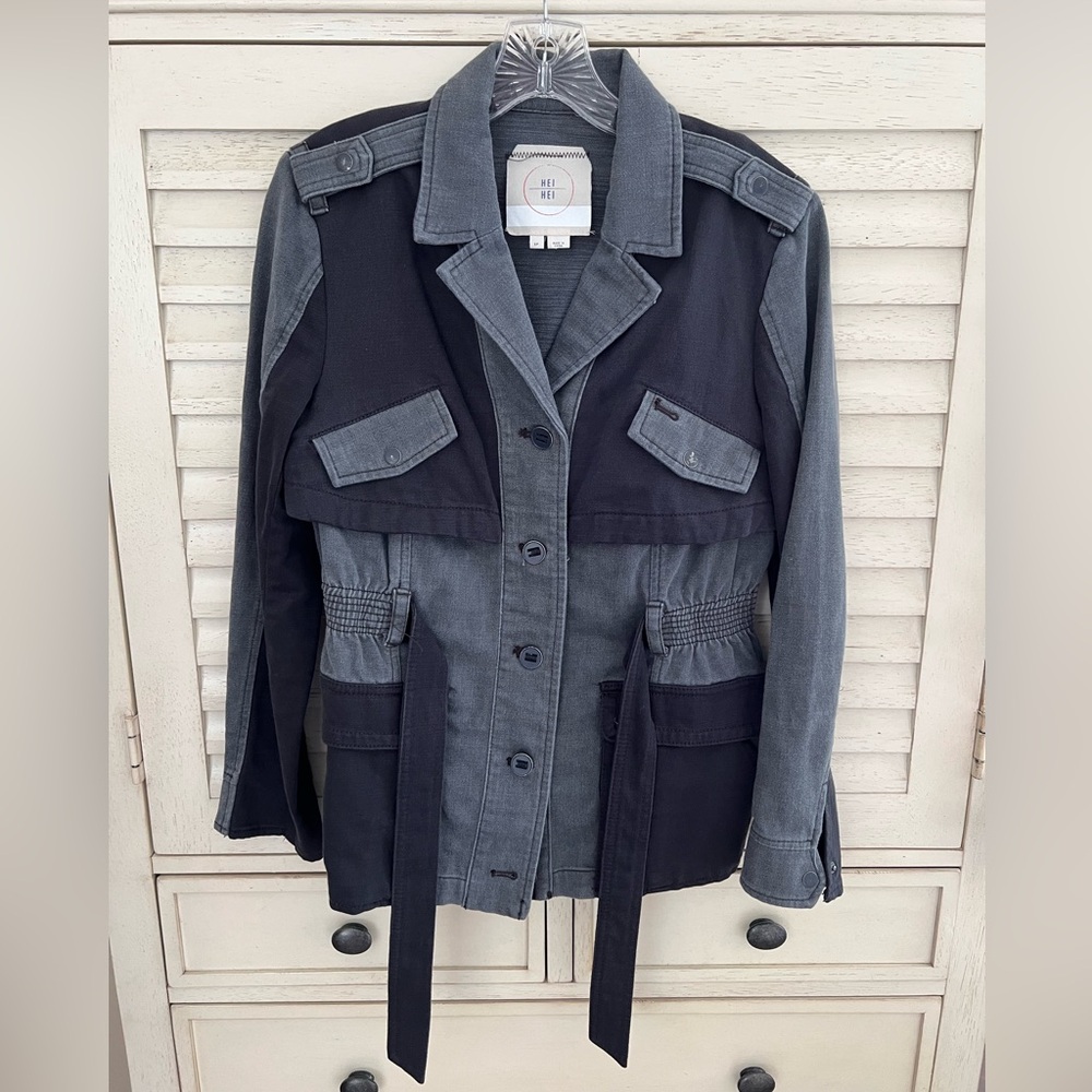Gray and Black Moto style jean jacket